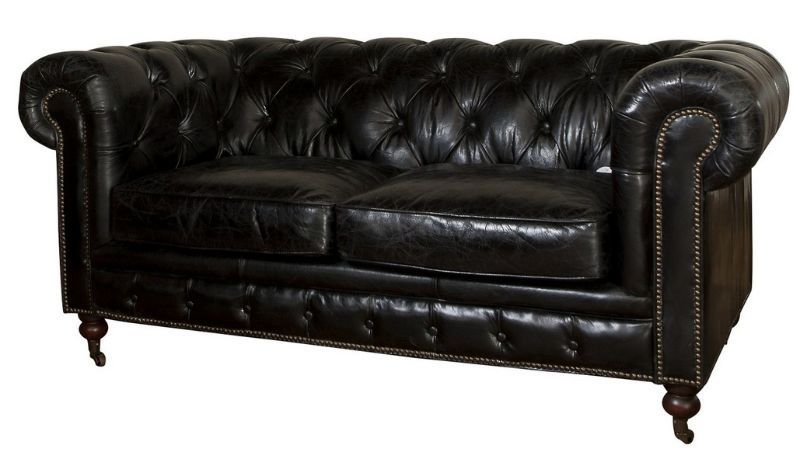 Elegant black leather 2-seater sofa in classic Chesterfield style, combining luxury, comfort, and durability for any space.
