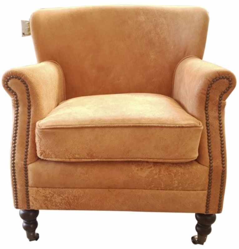 Mortimer Bigger Leather Armchair in Destroyed Camel, featuring top grain leather, solid timber frame, and brass detailing.