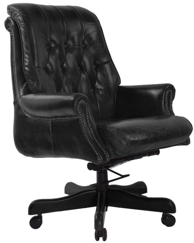 Vintage-inspired Bankers Chair in Belon Black leather, featuring buttoning, solid timber, and adjustable height for stylish comfort.