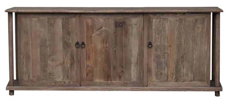 Old Elm Sideboard showcasing solid wood with varied grain, metal handles, ideal for storage and display in any living space.