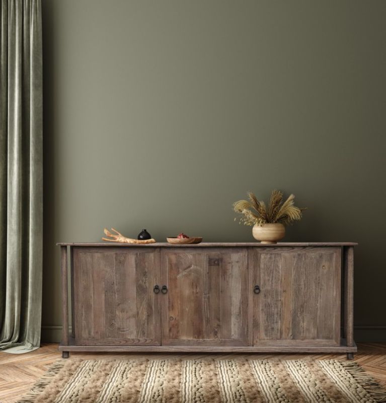Old Elm Sideboard featuring solid wood construction, metal handles, and a rustic design perfect for storage and display.