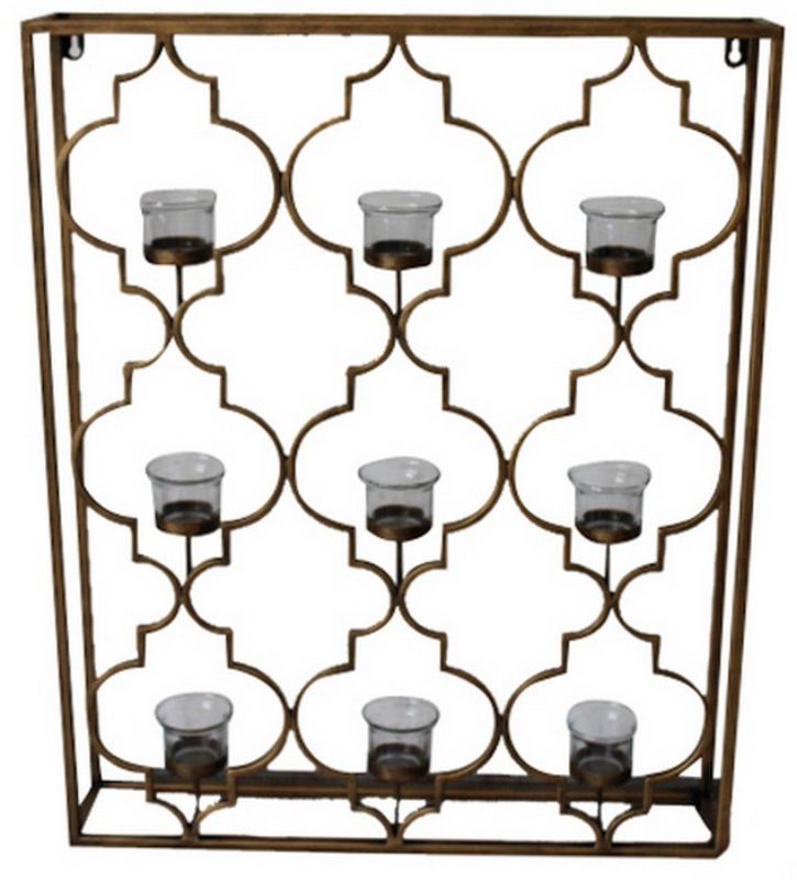 Elegant Moroccan-inspired hanging tealight holder with antique brass frame and nine glass holders, perfect for any decor.