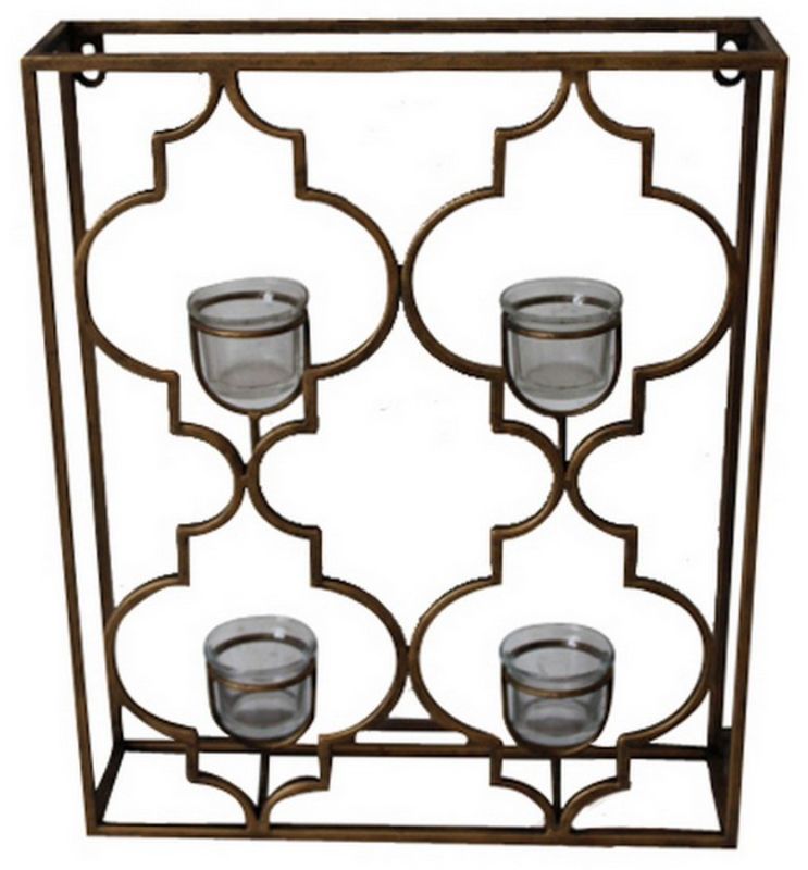Moroccan-inspired hanging tealight holder in antique brass with four glass holders, perfect for creating a warm ambiance.