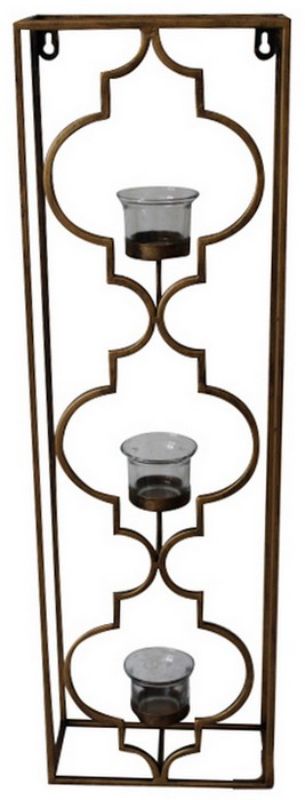 Elegant Moroccan-inspired hanging tealight holder in antique brass, featuring three glass holders for enchanting candlelight.