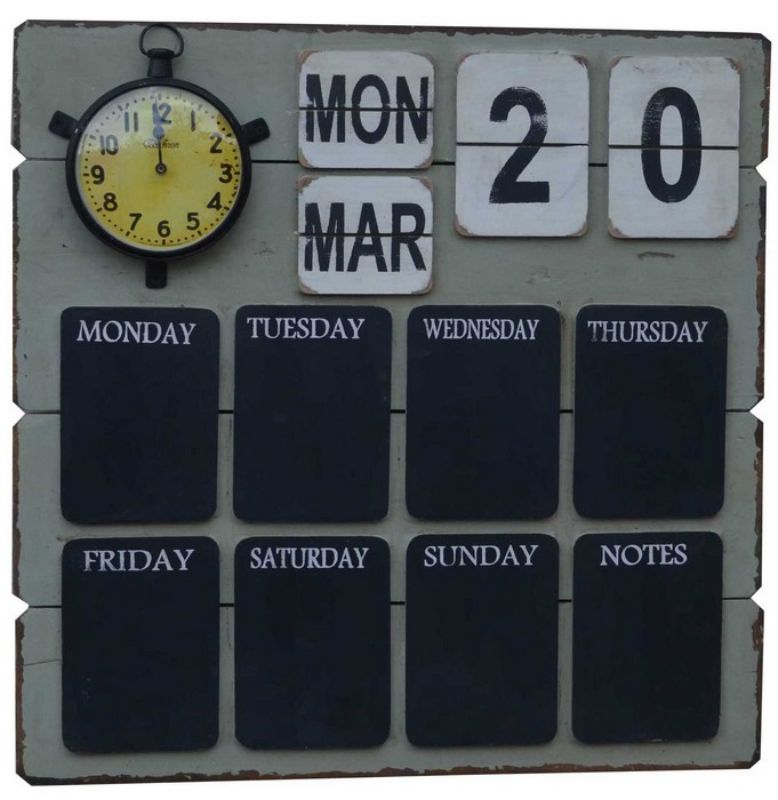 Stylish wooden wall organizer (70cm) with clock and day/month display, perfect for managing tasks in any room.