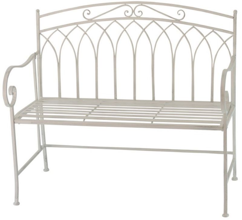 Antique white love seat for outdoor spaces, featuring ornate detailing and durable metal construction, perfect for relaxation.