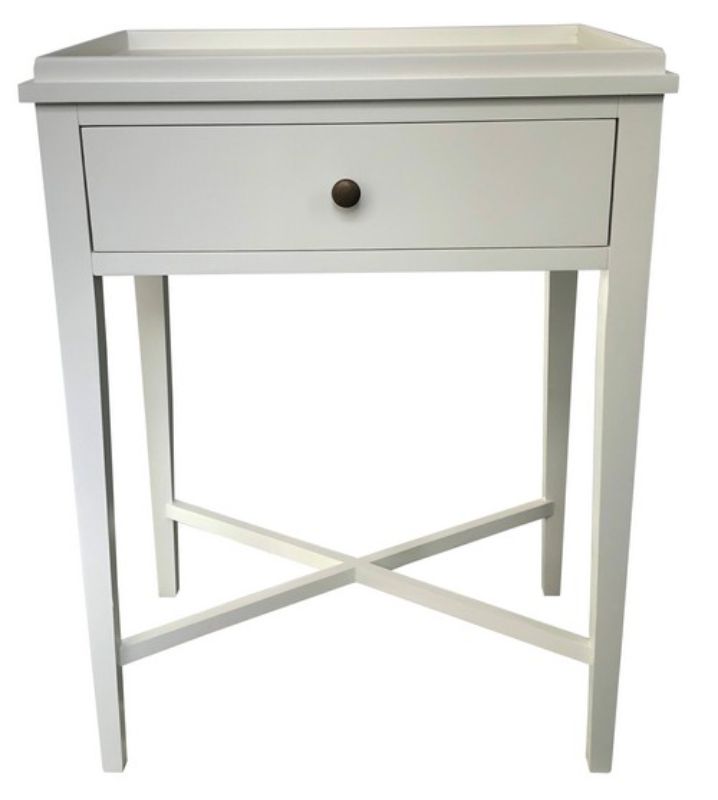 Bordeaux Bedside Table in white with one drawer, combining modern elegance and country charm for stylish bedroom storage.