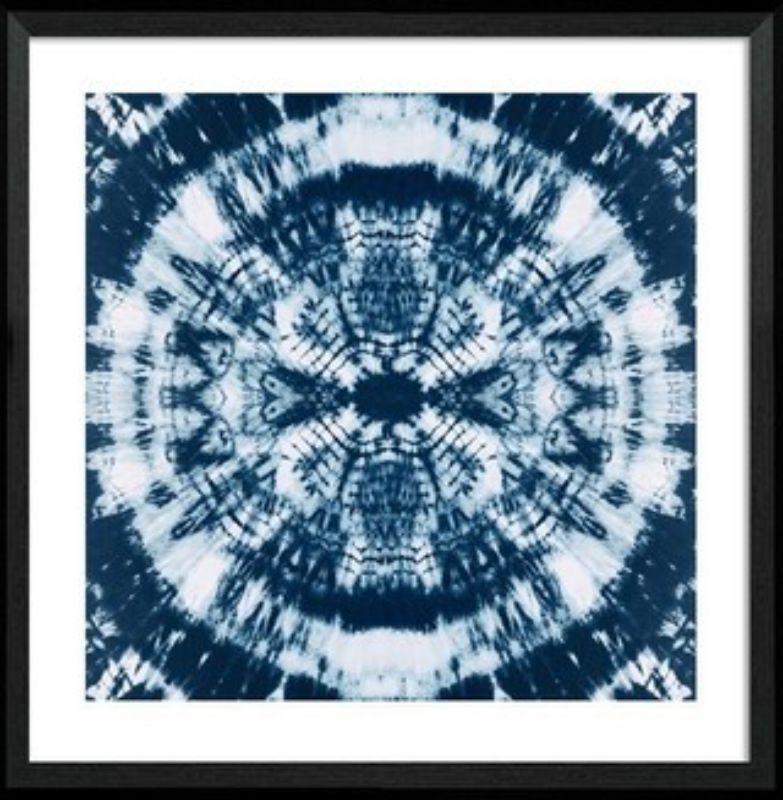 Framed geometric blue art print, 90x90cm, enhances decor with vibrant color and easy hanging feature.