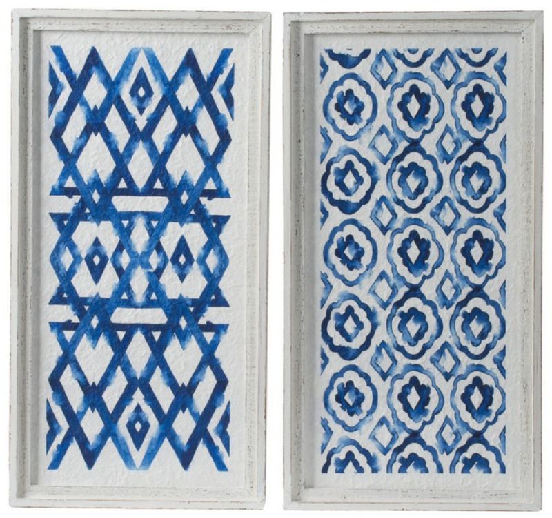 Stylish wall decor set in white and indigo featuring bold blue patterns on fir wood and paper, perfect for any room.