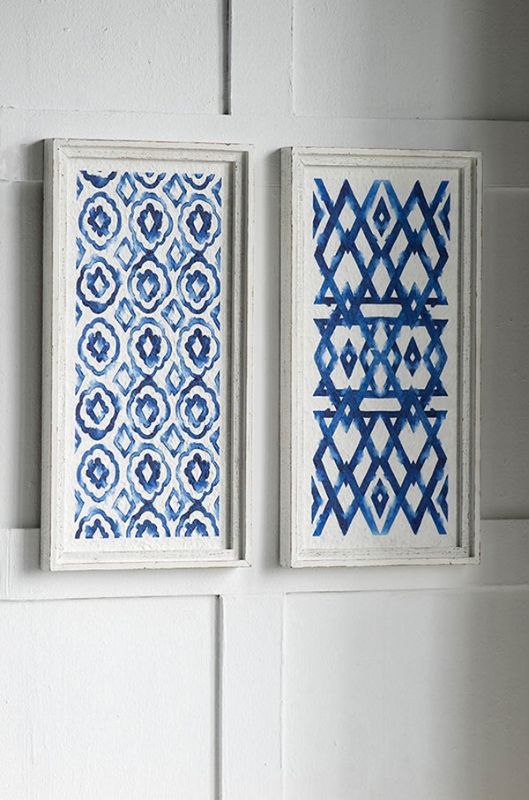 Elegant white and indigo wall decor set featuring bold blue patterns on fir wood, perfect for brightening any living space.