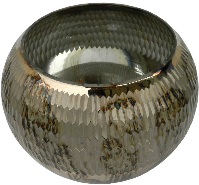 Stylish round glass candle holder with geometric metallic pattern, measures 20.96x20.96x15.24 cm, perfect for home decor.