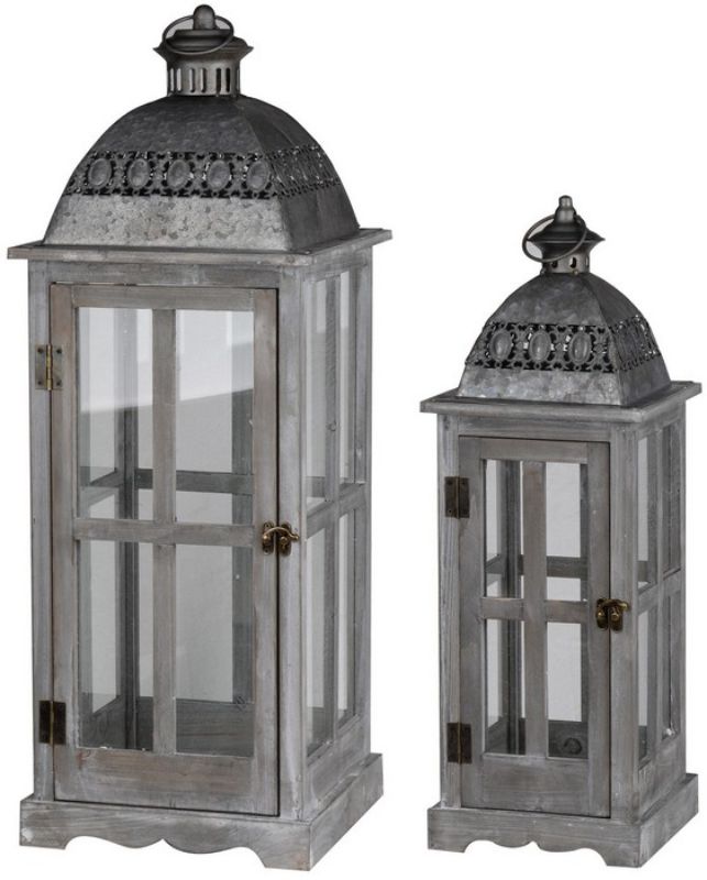 Set of 2 stylish grey-finished lanterns combining wood, metal, and glass for indoor or outdoor decor with versatile design.