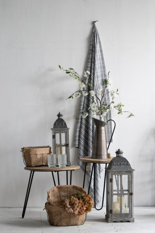 Set of 2 stylish grey lanterns made of fir wood, metal, and glass, perfect for candles or mini plant displays.