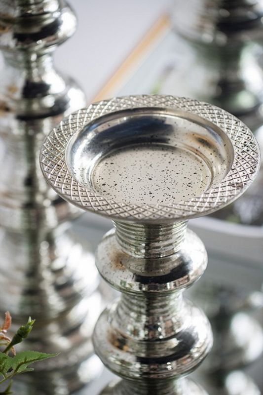 Elegant 37.5cm antiqued silver glass pillar candle holder with ribbed detail, perfect for enhancing home decor and ambiance.