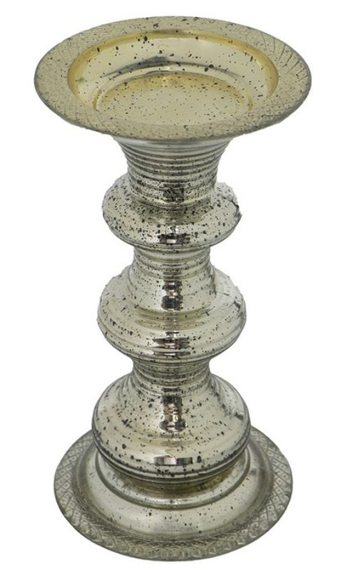 Elegant 30cm antiqued silver glass pillar candle holder with intricate ribbed detailing, perfect for enhancing home decor.