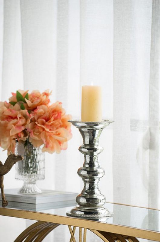 Antiqued silver glass pillar candle holder (30cm) with ribbed detailing, perfect for enhancing home decor and ambiance.