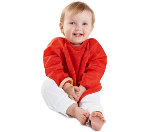 Bright red sleeved bib for infants, featuring super-absorbent fabric and water-resistant backing for mess-free feeding.