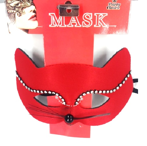 Red Cat Lady masquerade mask adorned with diamantes, secured with a black satin ribbon for a comfortable fit.