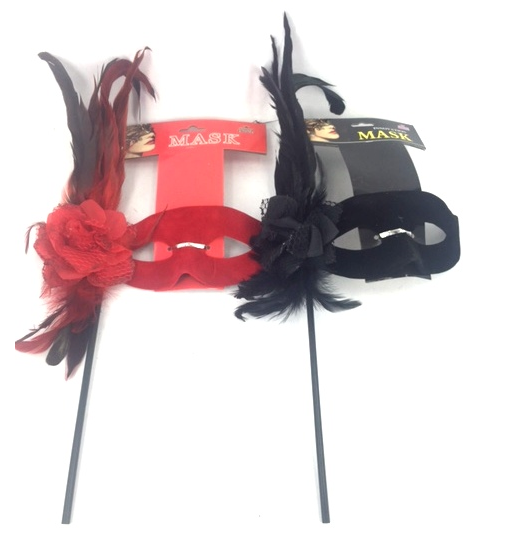 Luxury red cat eye masquerade mask with intricate floral design and stick for easy holding, perfect for elegant events.