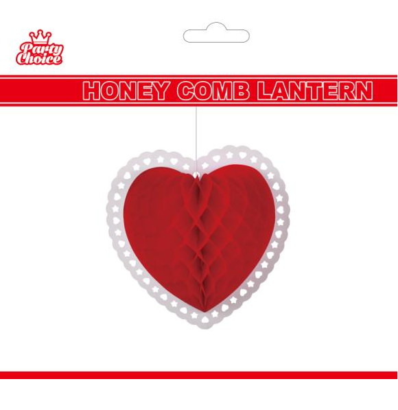 Heart-shaped red honeycomb lantern measuring 25cm, perfect for decorating events and enhancing home ambiance.