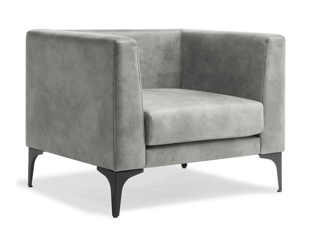 Contemporary Romano Armchair in Eastwood Dove with high-comfort cushioning and sleek black feet, perfect for modern spaces.