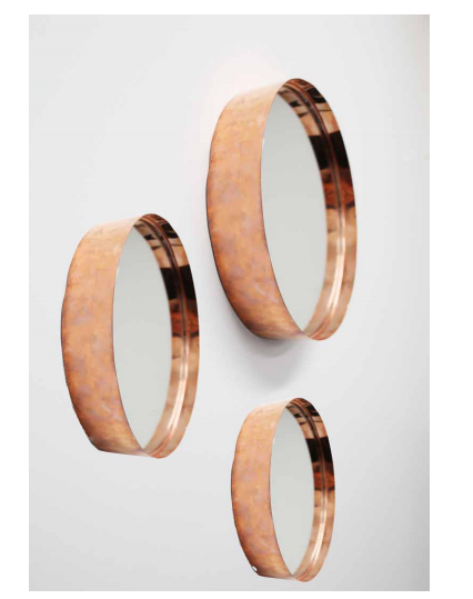 Stunning 30cm mirror with a unique copper cake tin design and decorative side details.