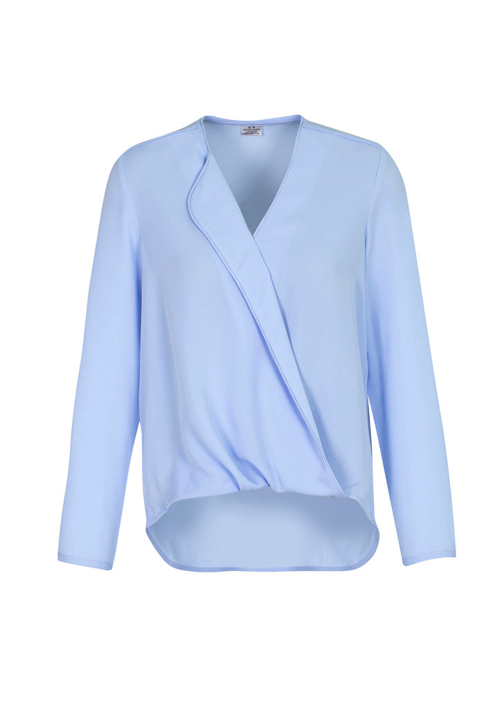Lily Ladies Hi-Lo Blouse in Ice Blue, featuring soft lapel, no-button design, and a relaxed fit for stylish comfort.