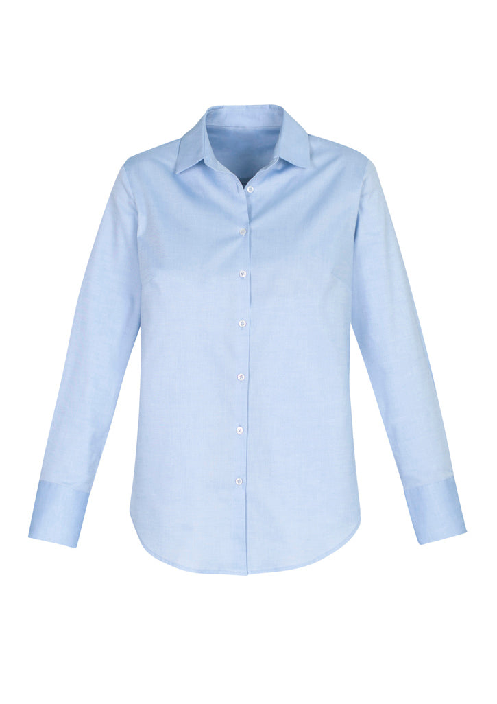 Camden Ladies Long Sleeve Shirt in blue, featuring a contemporary fit, scooped hem, and breathable stretch fabric for comfort.