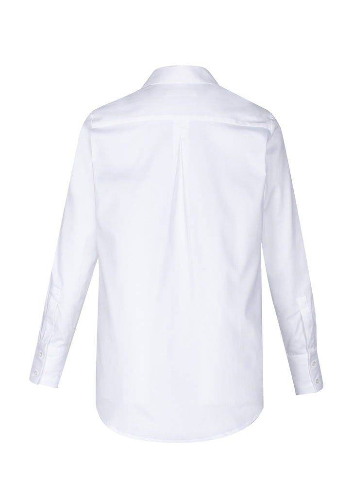 Camden Ladies Long Sleeve White Shirt, Size 10, featuring easy fit, scooped hem, and stretch Oxford fabric for comfort.