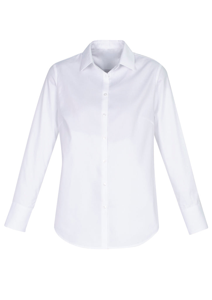 Camden Ladies Long Sleeve Shirt in White, size 16, featuring soft cotton blend, easy fit, and stylish scooped hem.