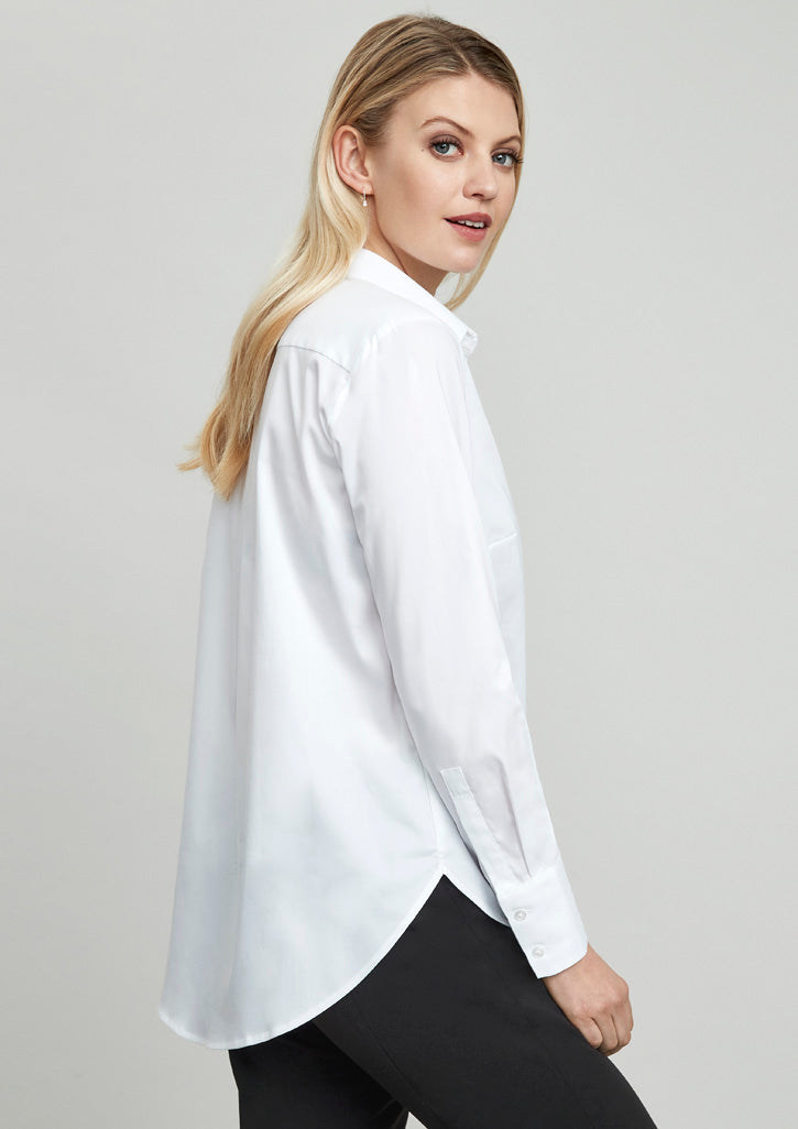 Blue Camden Ladies Long Sleeve Shirt, size 6, featuring a soft stretch fabric, scooped hem, and easy fit silhouette.