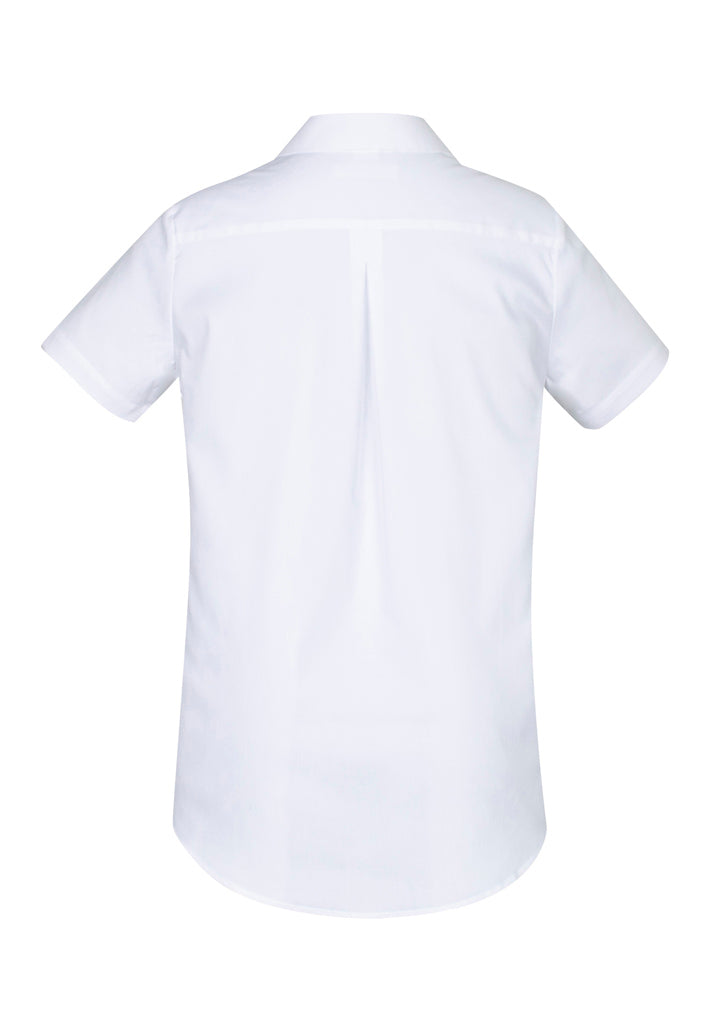 Stylish white short sleeve shirt for women, size 6, with easy-care stretch fabric and a contemporary scooped hem design.