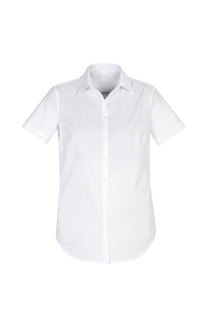 White Camden Ladies Short Sleeve Shirt, size 16, featuring a scooped hem and easy fit for stylish comfort.