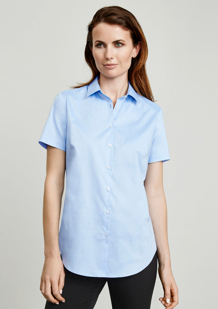 Blue Camden Ladies Short Sleeve Shirt, size 24, featuring a flattering fit, scooped hem, and comfortable cotton-elastane blend.