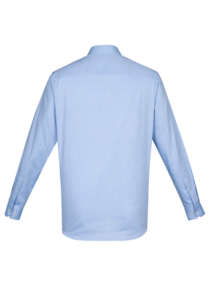 Blue long sleeve shirt for men, featuring a modern button-down collar and adjustable cuffs, ideal for formal or casual wear.
