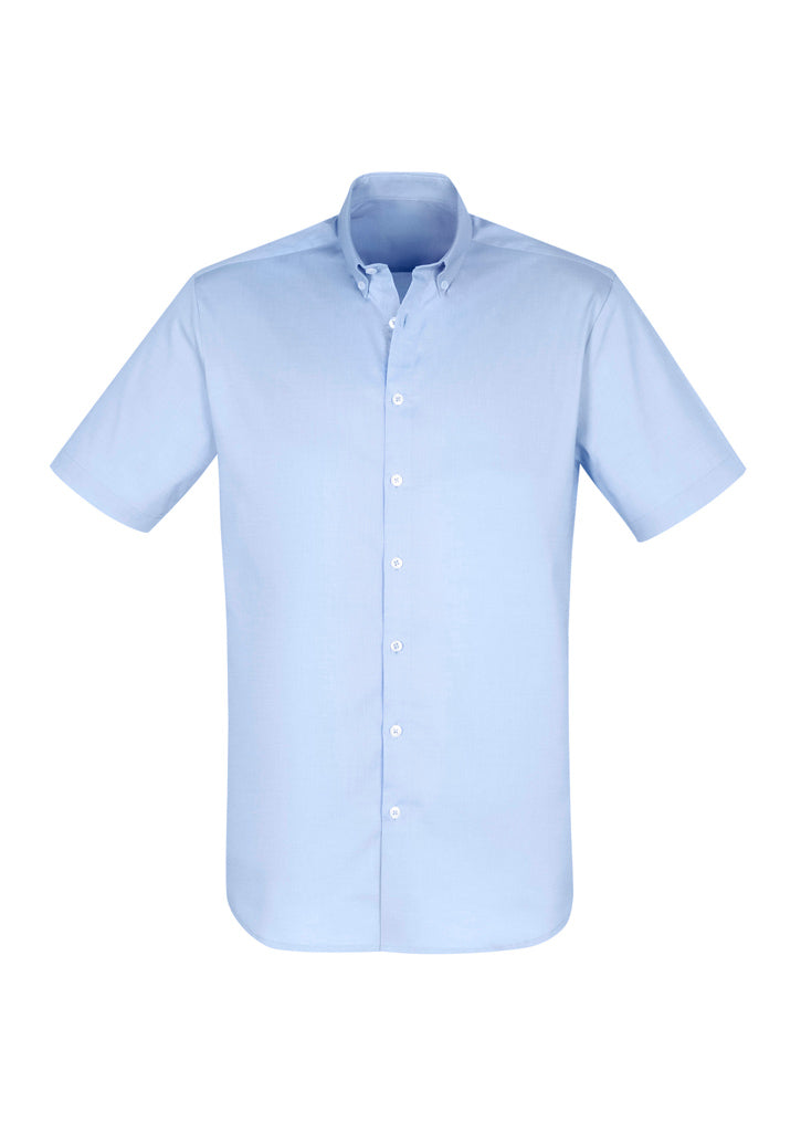 Camden Men's Short Sleeve Shirt in blue, 4XL, featuring a modern collar, adjustable cuffs, and comfortable stretch fabric.