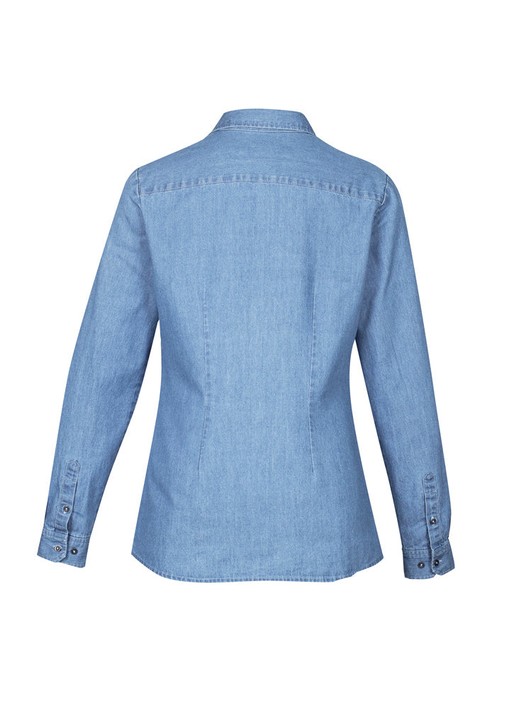 Indie Ladies Long Sleeve Shirt in blue, size 16, featuring soft cotton, stylish details, and a modern casual look.
