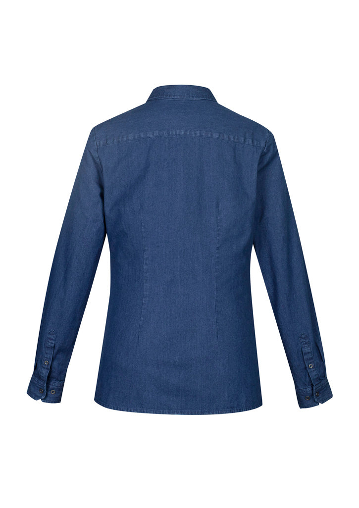 Indie Ladies Long Sleeve Shirt in Dark Blue, 100% cotton, breathable, stylish buttons, chest pocket, versatile for any occasion.