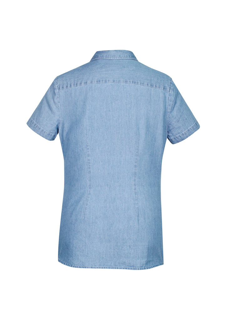Indie Ladies Short Sleeve Shirt in blue, showcasing casual elegance with a modern collar and chest pocket for versatile wear.