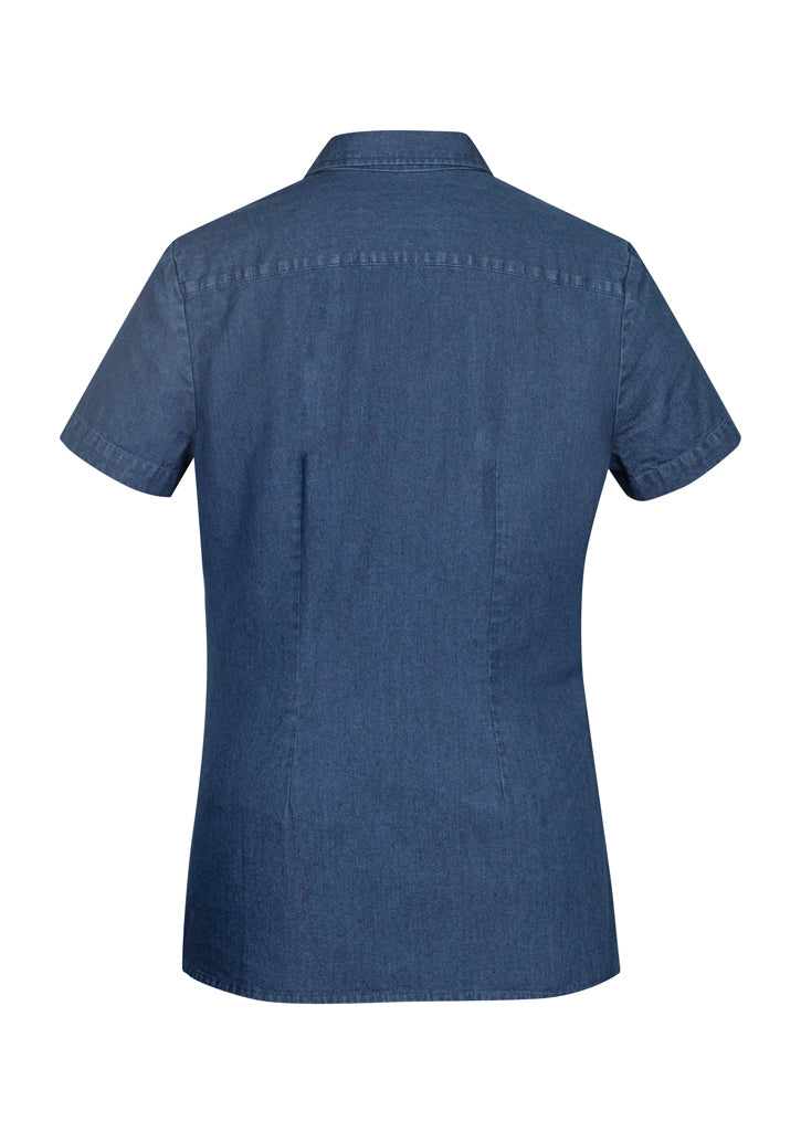 Dark blue short sleeve shirt for ladies, size 20, featuring a modern collar, chest pocket, and stonewashed denim look.