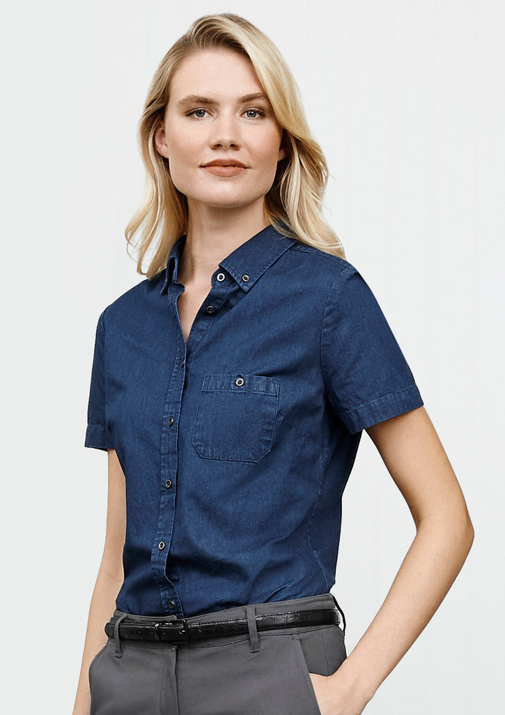 Indie Ladies Short Sleeve Shirt in black, featuring a modern design, cotton fabric, and stylish details for versatile wear.