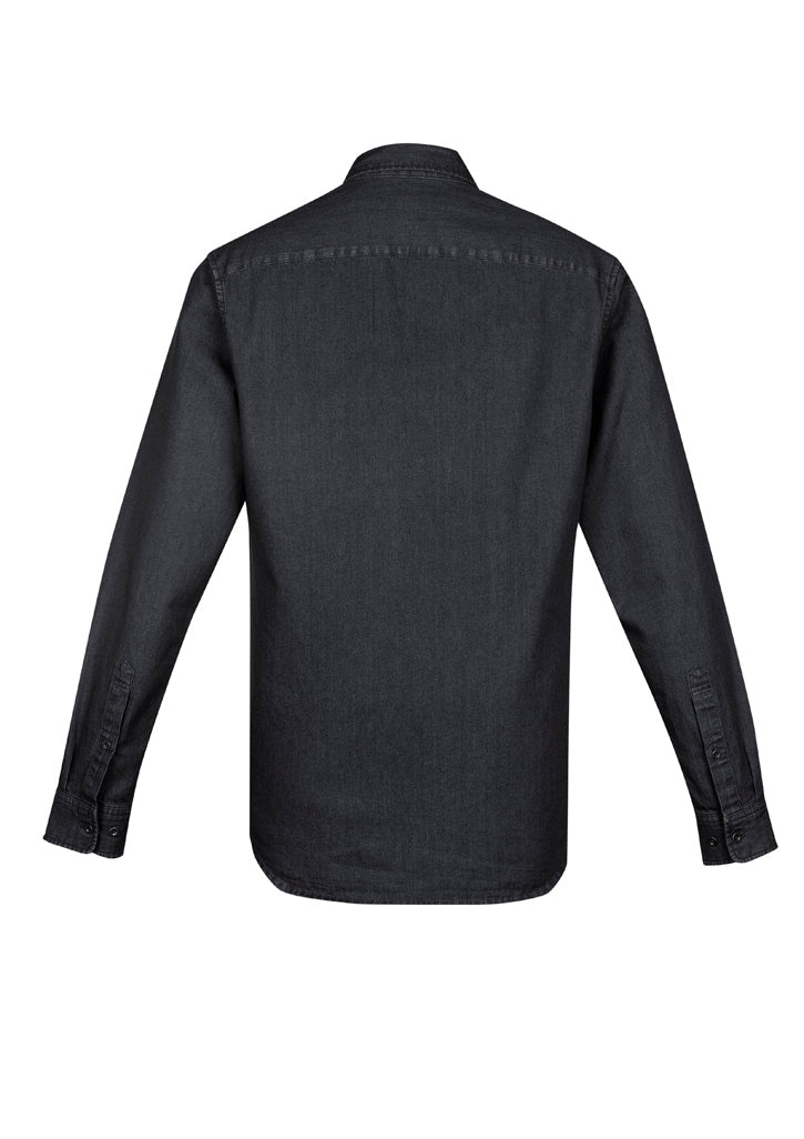 Indie Men's Long Sleeve Shirt in black, featuring 100% cotton, modern collar, chest pocket, and stylish stonewashed finish.