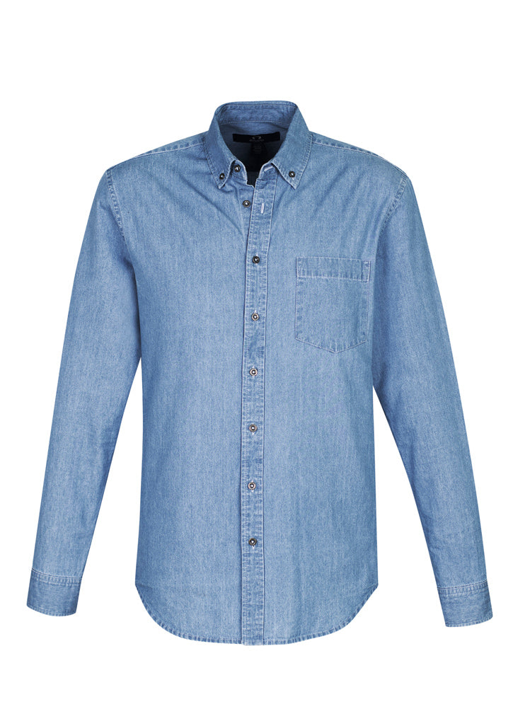 Indie Mens Long Sleeve Shirt in blue, crafted from 100% cotton with a timeless stonewashed finish and modern button-down collar.