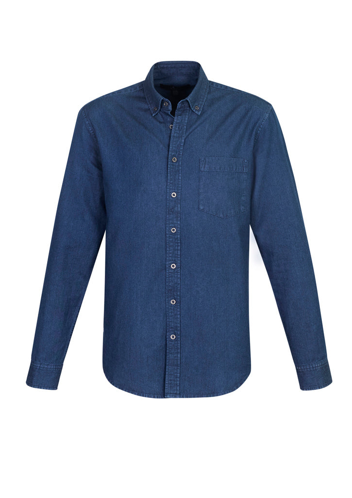 Indie Men's Long Sleeve Shirt in Dark Blue, 2XL, featuring 100% cotton, modern collar, chest pocket, and versatile style.