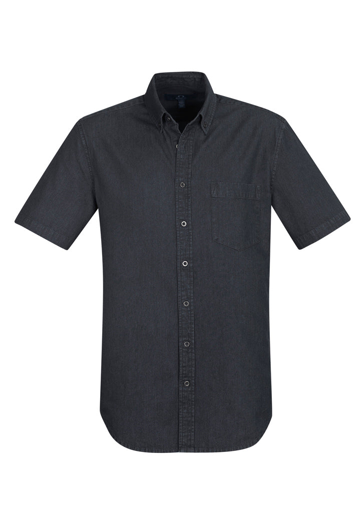 Black Indie Men's Short Sleeve Shirt in 3XL with button-down collar, chest pocket, and stonewashed denim look.