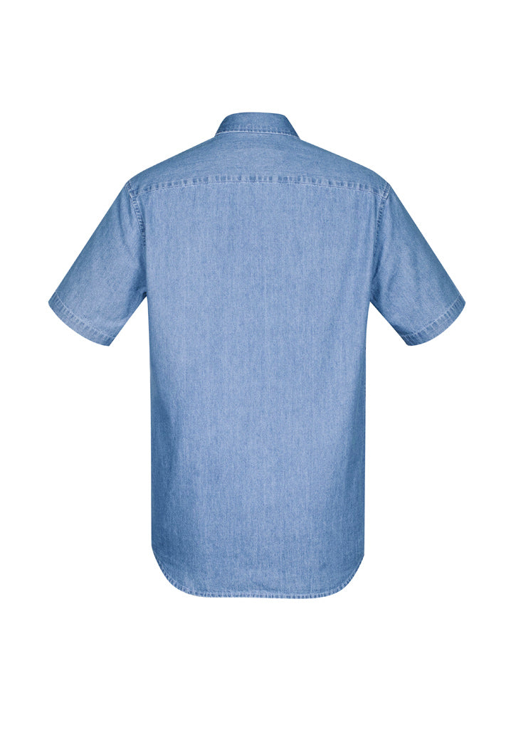 Indie Men's Short Sleeve Shirt in Blue, 2XL, featuring cotton fabric, modern collar, chest pocket, and sun protection.