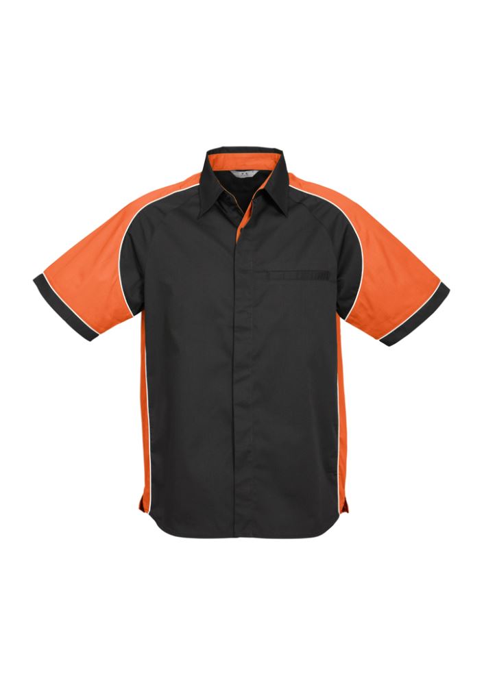 Men's Nitro Shirt in Black, Orange, and White, featuring contrast panels, concealed placket, and side splits for comfort and style.