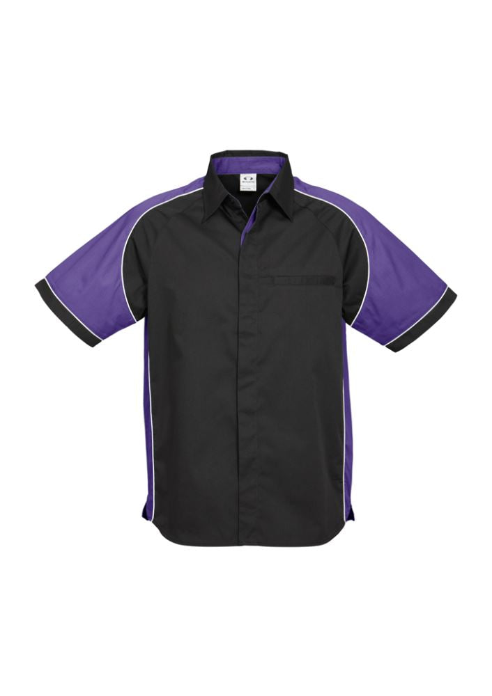 Men's Nitro Shirt in Black, Purple, and White, featuring contrast panels, side splits, and a concealed placket, size L.