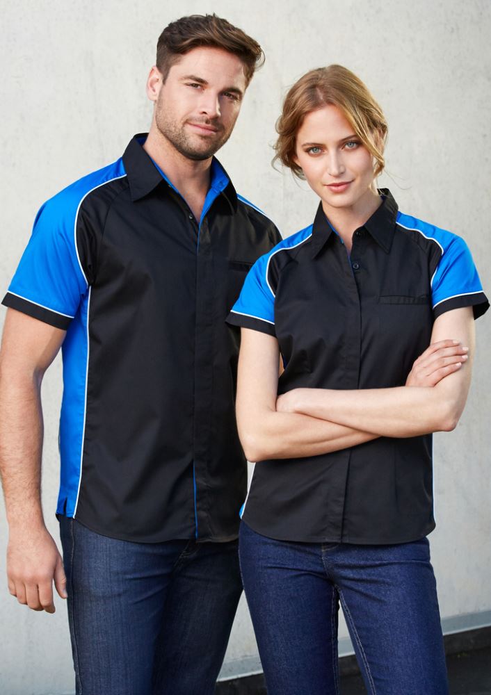 Ladies Nitro Shirt in Black/Royal/White, Size 12, featuring contrast panels, a concealed placket, and side splits for stylish comfort.