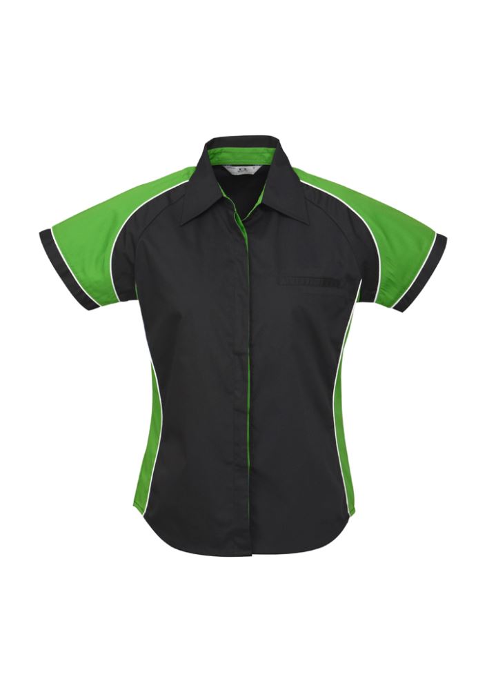 Ladies Nitro Shirt in Black, Green, and White, Size 24, showcasing stylish contrast panels and concealed placket for a polished look.